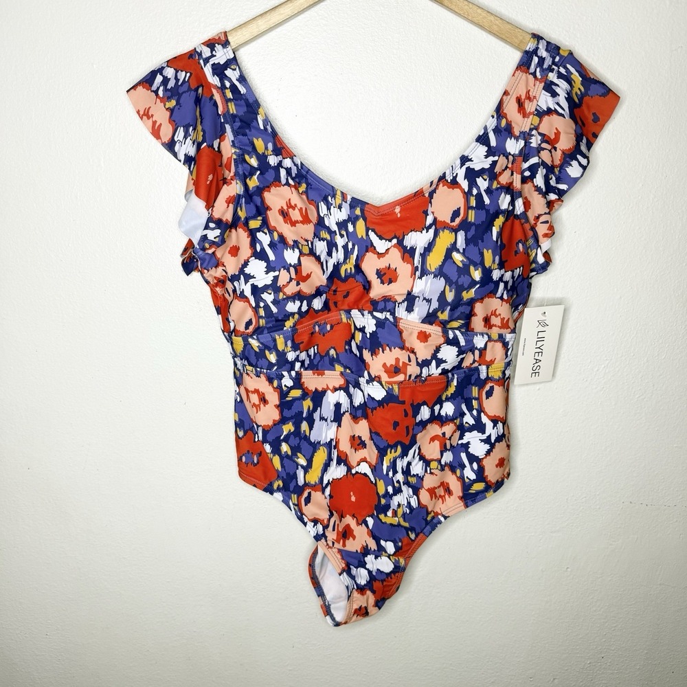 Lilyease One Piece Floral Swimsuit Red Blue Women's Large Cap Sleeve Colorful